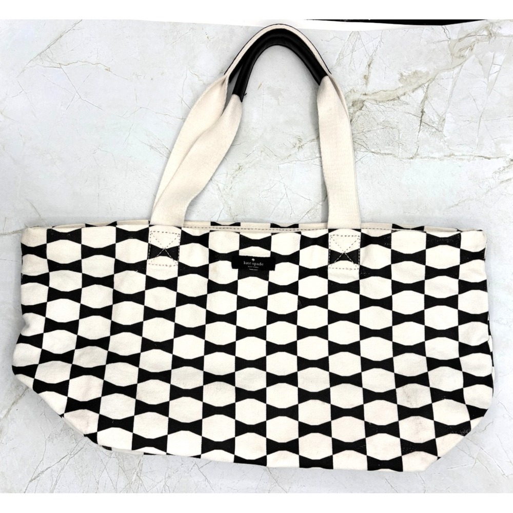 Kate Spade Canvas Cotton Tote Classic Bowtie Black White Leather Handle EUC - Picture 6 of 15